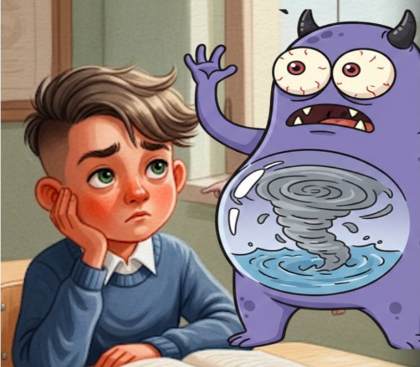 Un bambino al banco accanto a uno degli Ospiti della Mente, in un contesto scolastico.